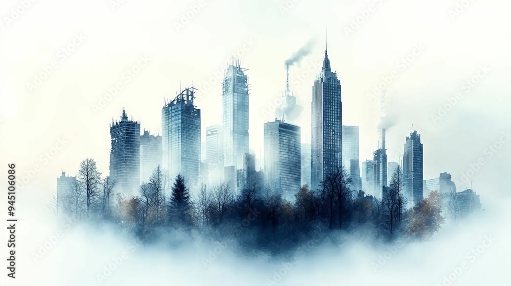 Foggy post-apocalyptic city skyline with crumbling skyscrapers and barren trees in the foreground, creating a haunting atmosphere Foggy post-apocalyptic city skyline with crumbling skyscrapers and barren trees in the foreground, creating a haunting atmosphere