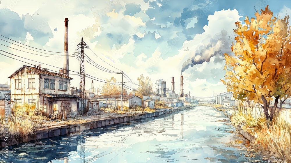 Fototapeta premium Industrial landscape featuring a polluted canal with smoking chimneys in the background, surrounded by autumn trees and power lines under a bright sky
