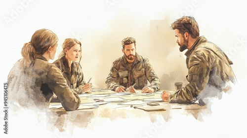Military team engaged in an intense discussion around a table filled with maps and plans, focusing on strategy and coordination for their mission