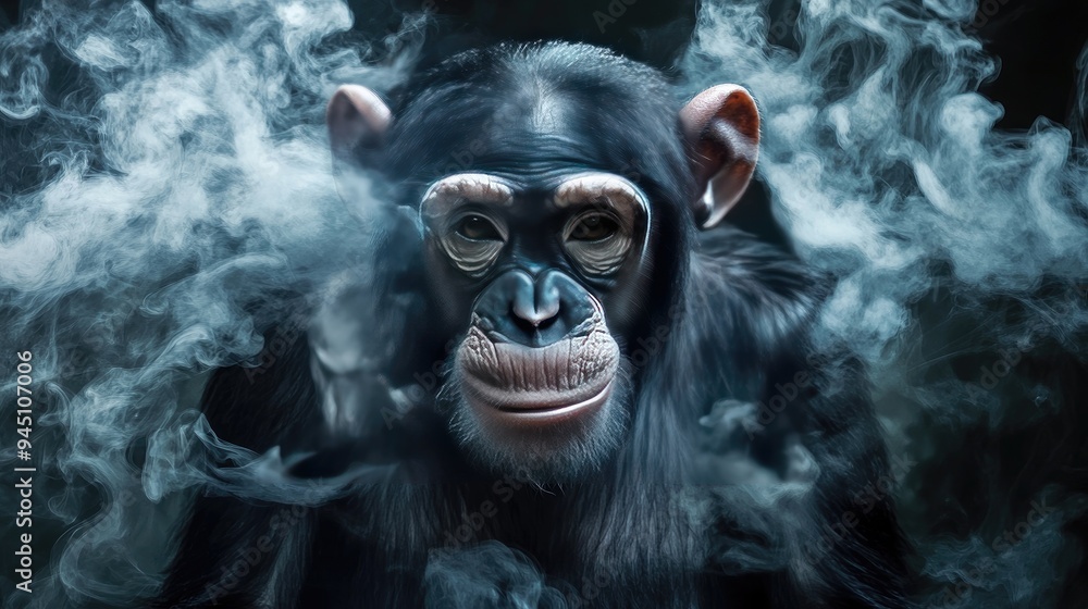 Close-up portrait of a chimpanzee's face with wispy smoke swirling around it. Close-up portrait of a chimpanzee's face with wispy smoke swirling around it.