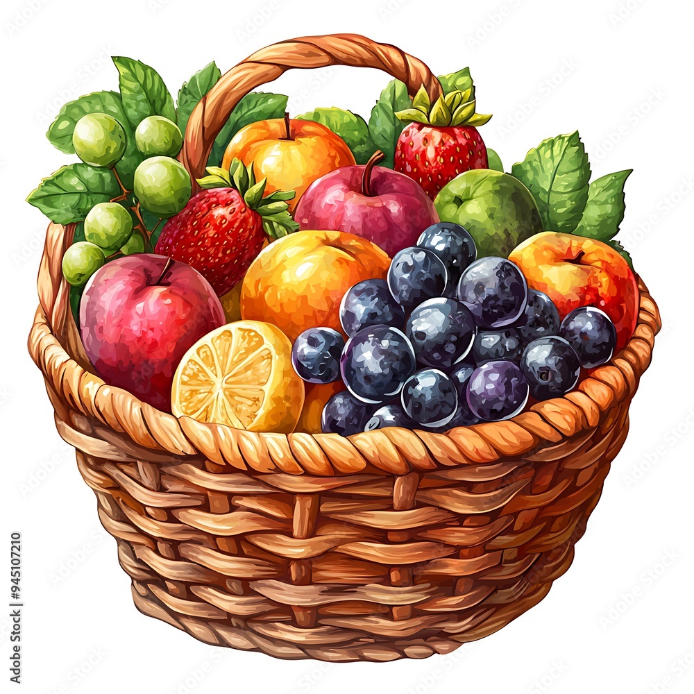 A basket filled with fresh apples, grapes, strawberries, and a vibrant lemon sits invitingly. A basket filled with fresh apples, grapes, strawberries, and a vibrant lemon sits invitingly.