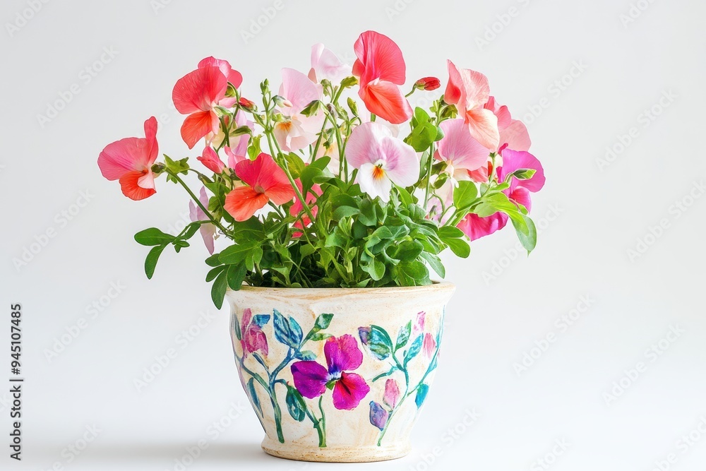 Naklejka premium A vibrant bouquet of sweet peas in a decorative pot, showcasing natural beauty and color.