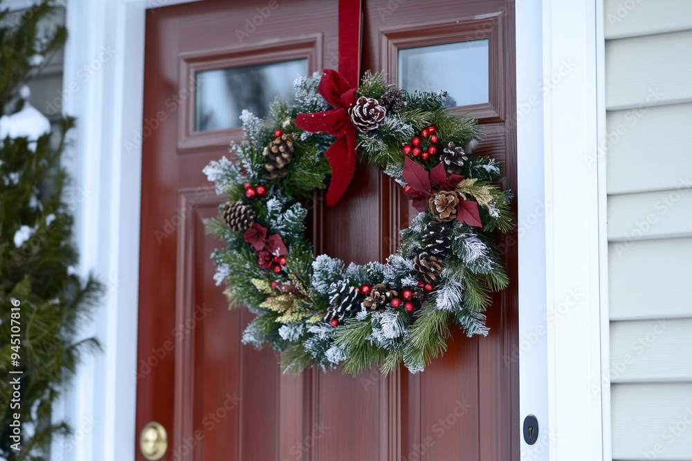 wreath with red ribbon and pine cones hanging from a door. The wreath is a festive decoration for the holiday season wreath with red ribbon and pine cones hanging from a door. The wreath is a festive decoration for the holiday season