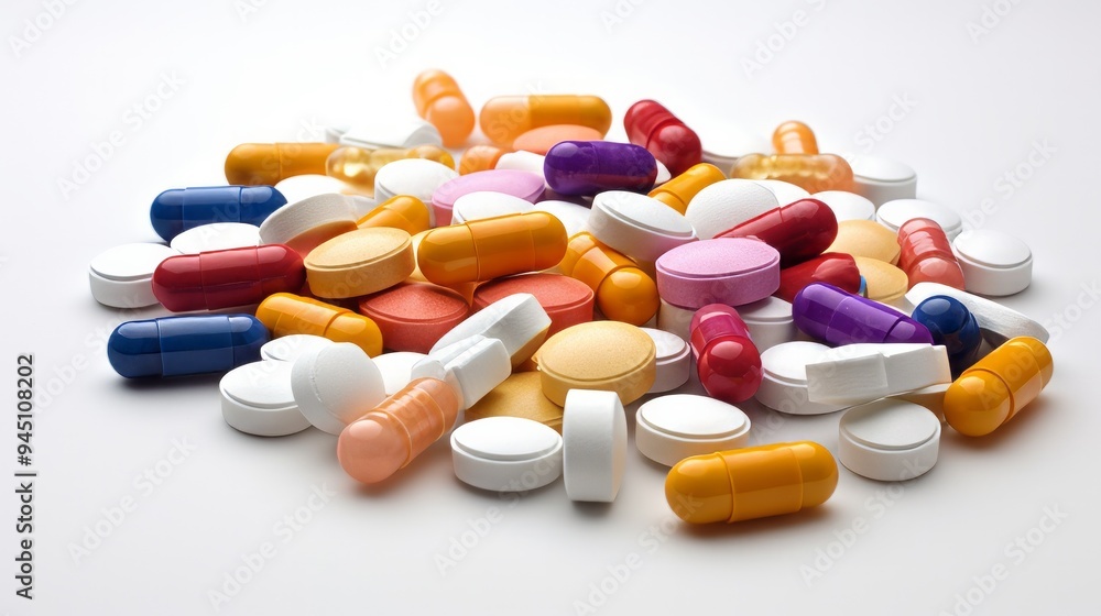 Many colored capsule pills on white background. Neural network ai generated art Many colored capsule pills on white background. Neural network ai generated art