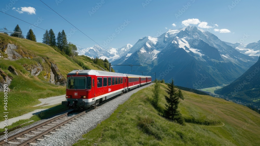 A vibrant red train travels through scenic mountains, showcasing breathtaking landscapes and lush greenery. A vibrant red train travels through scenic mountains, showcasing breathtaking landscapes and lush greenery.