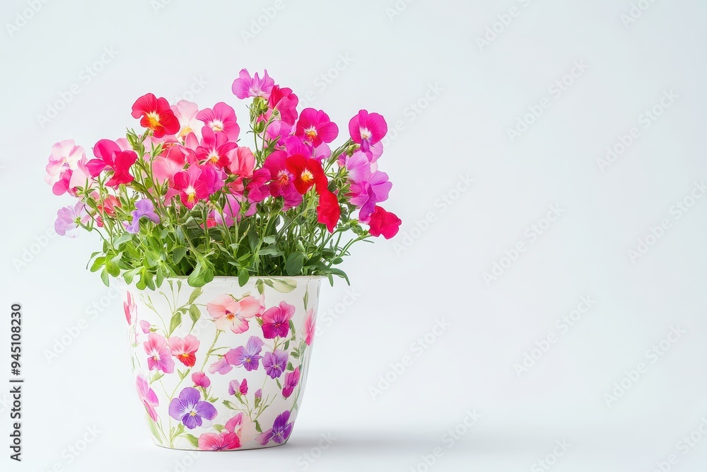 Naklejka premium A colorful arrangement of flowers in a decorative pot against a plain background.