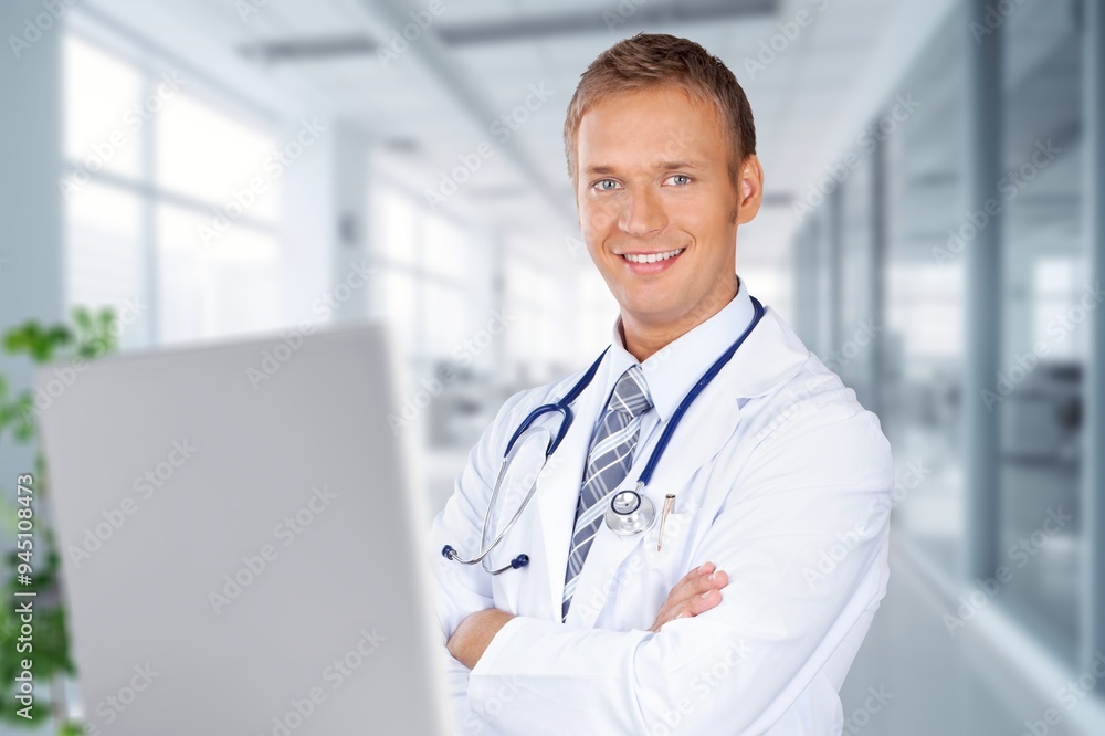 Smiling doctor work at table in clinic for Online consultation
