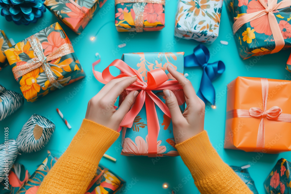 Fototapeta premium person is holding a gift with a bow on it, and there are other gifts in the background. Scene is festive and joyful, as it is a gift-giving occasion