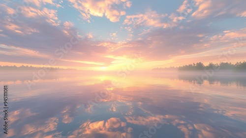 A tranquil lake reflecting the colors of a pastel sunset, with wispy clouds drifting lazily across the sky and the water shimmering like liquid gold.