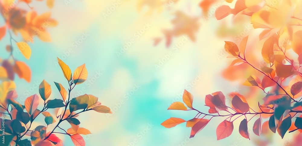 Autumn Leaves Against Clear Blue Sky, Blurred Trees and Sky in Serene Landscape, Copy Space for Text and Storytelling Natural background Autumn Leaves Against Clear Blue Sky, Blurred Trees and Sky in Serene Landscape, Copy Space for Text and Storytelling Natural background