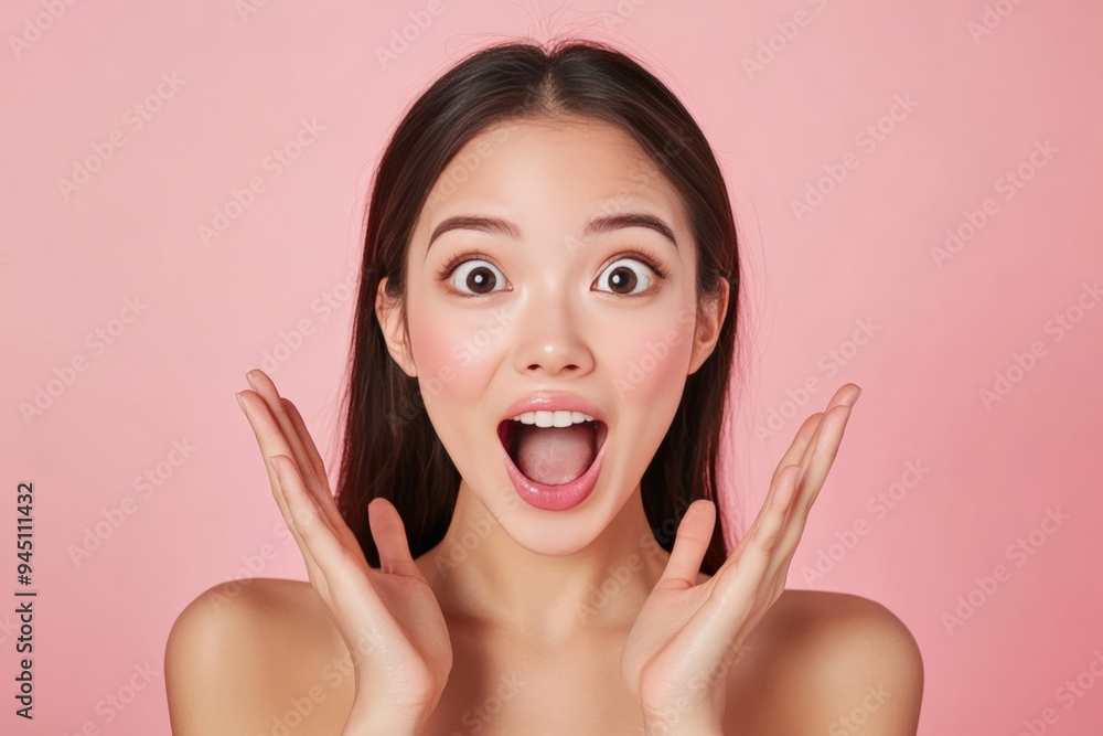 Surprised happy beauty asian woman looking copy space in excitement Expressive facial expressions. Surprised happy beauty asian woman looking copy space in excitement Expressive facial expressions.