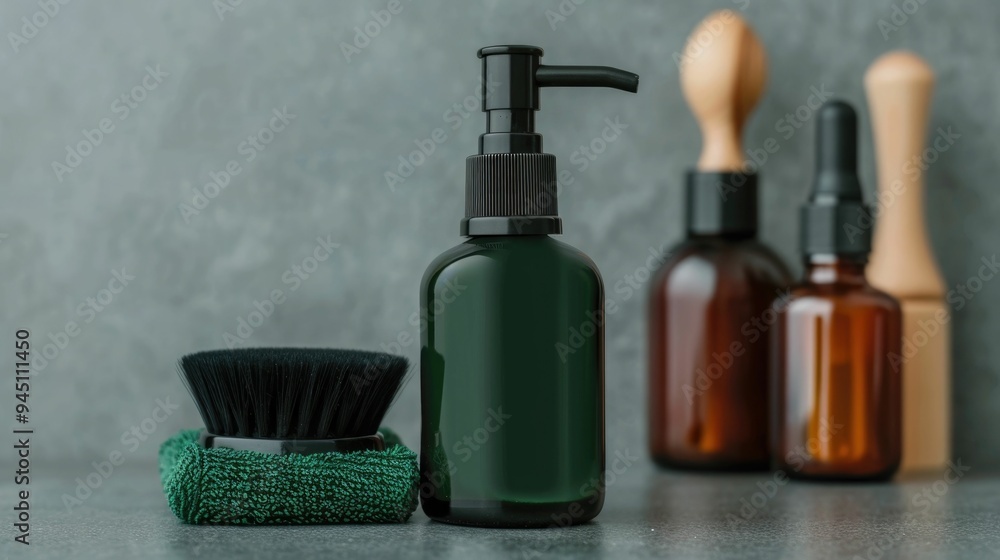 Close up shot of a post shave balm product with a wooden brush and bottle on a neutral gray and green background The skin soothing balm is part of a men s grooming and self care routine Close up shot of a post shave balm product with a wooden brush and bottle on a neutral gray and green background The skin soothing balm is part of a men s grooming and self care routine