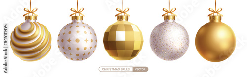 Christmas balls gold vector set design. Christmas elegant ball in embossed pattern, shiny, silver glitter and glossy round bauble hanging isolated in white background. Vector illustration 3d ornaments