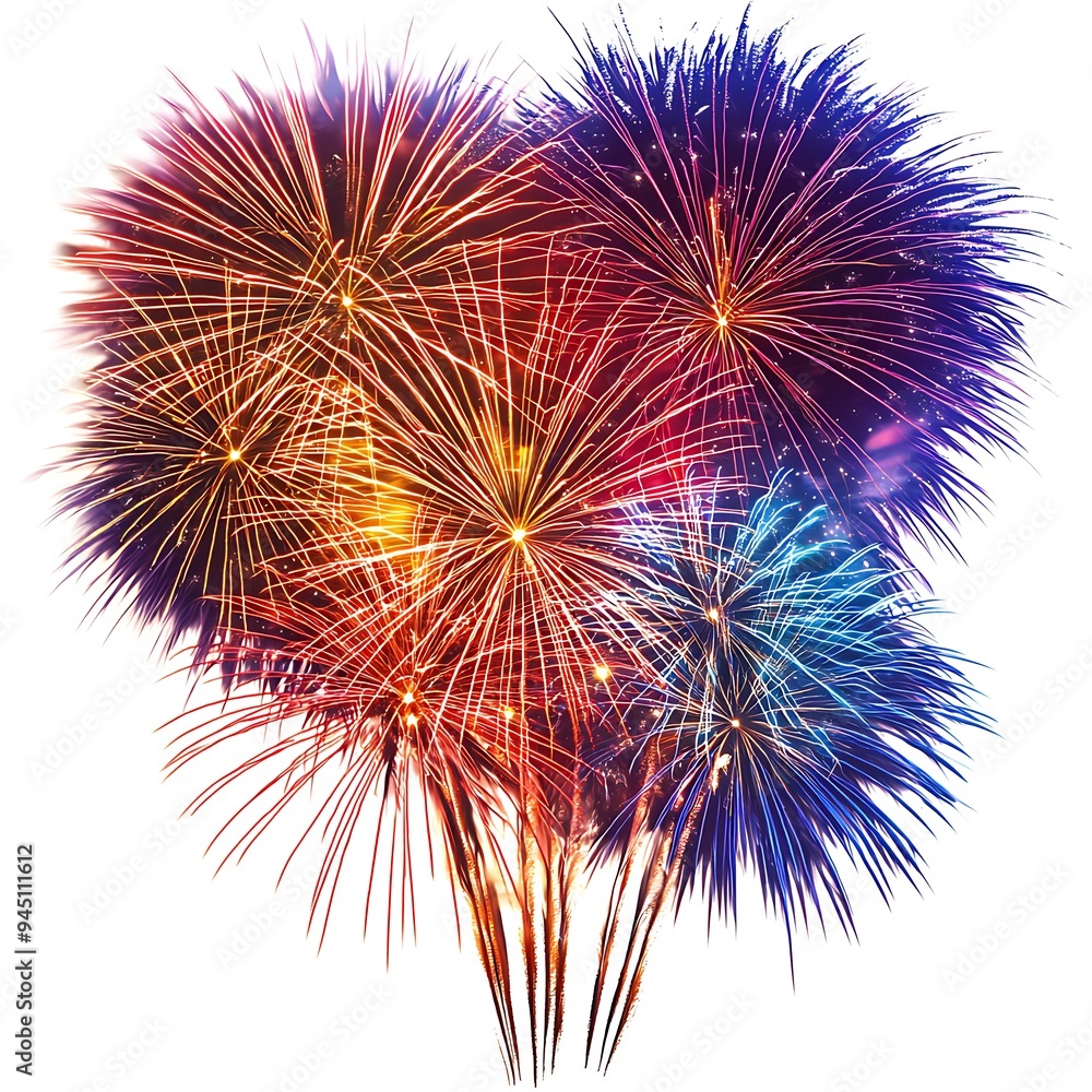 Fototapeta premium A vibrant fireworks display bursts with color, isolated on a white background.