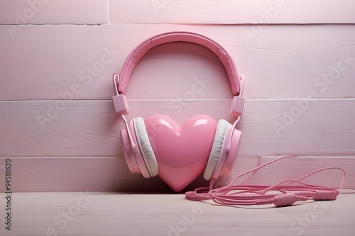 A Pink heart on the wall with headphone