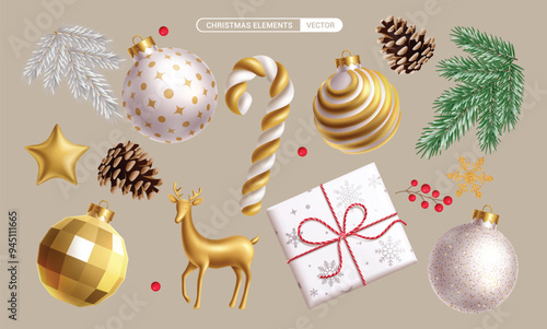 Christmas elements elegant vector set design. Christmas 3d element like balls glitter, candy cane, deer, white and green spruce leaves and gift box xmas ornaments collection. Vector illustration 