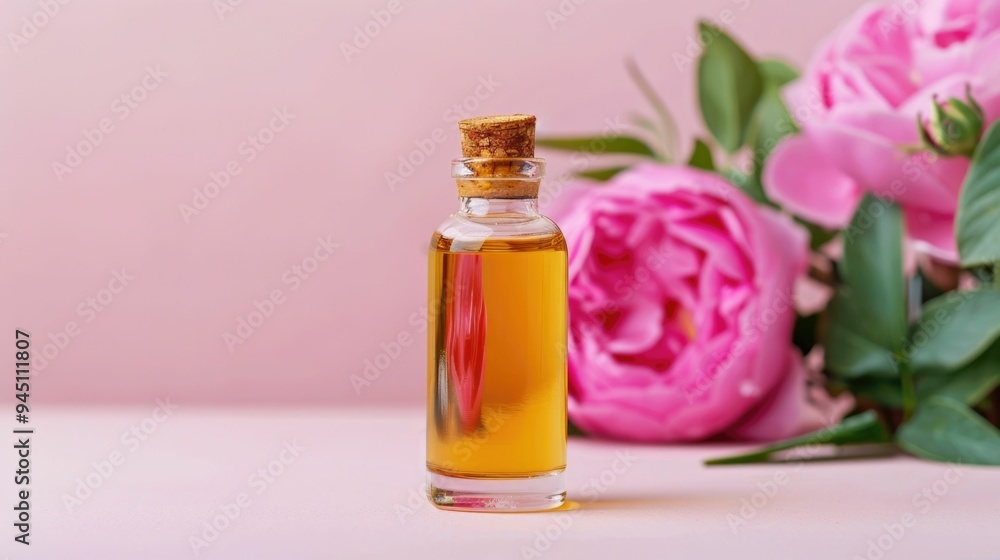 Elegant glass bottle of nourishing facial oil for dry skin gently massaged in with soft pink rose flowers in a serene pastel background Skincare product for natural beauty and holistic self care Elegant glass bottle of nourishing facial oil for dry skin gently massaged in with soft pink rose flowers in a serene pastel background Skincare product for natural beauty and holistic self care