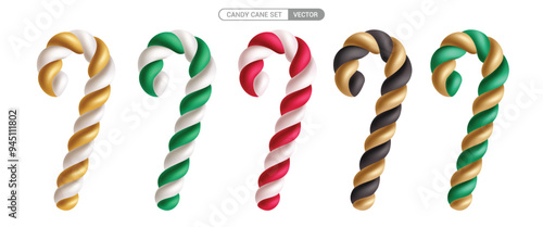 Christmas candy cane twisted element vector set design. Candy cane colorful twirl lollipop elements collection in white isolated background. Vector illustration xmas objects stick design. 
