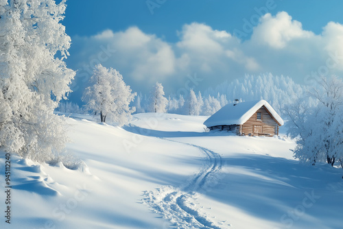 cabin in the woods with snow on the ground. The cabin is surrounded by trees and the sky is blue. The scene is peaceful and serene