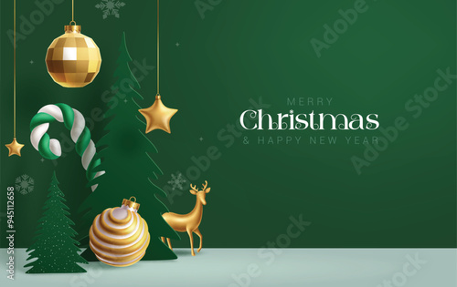 Merry christmas greeting card vector background design. Christmas and happy new year with hanging gold balls, stars, candy cane and paper cut pine tree in green background. Vector illustration holiday