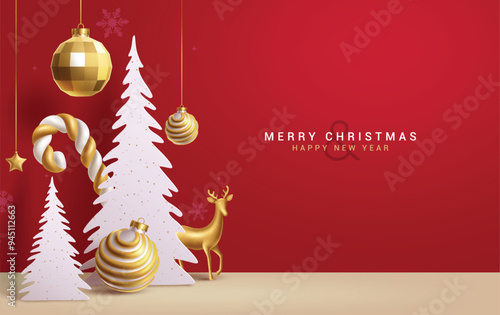 Merry christmas greeting card vector background design. Christmas and happy new year greeting text with paper cut pine tree, hanging gold balls, star and candy cane decoration elements. Vector 