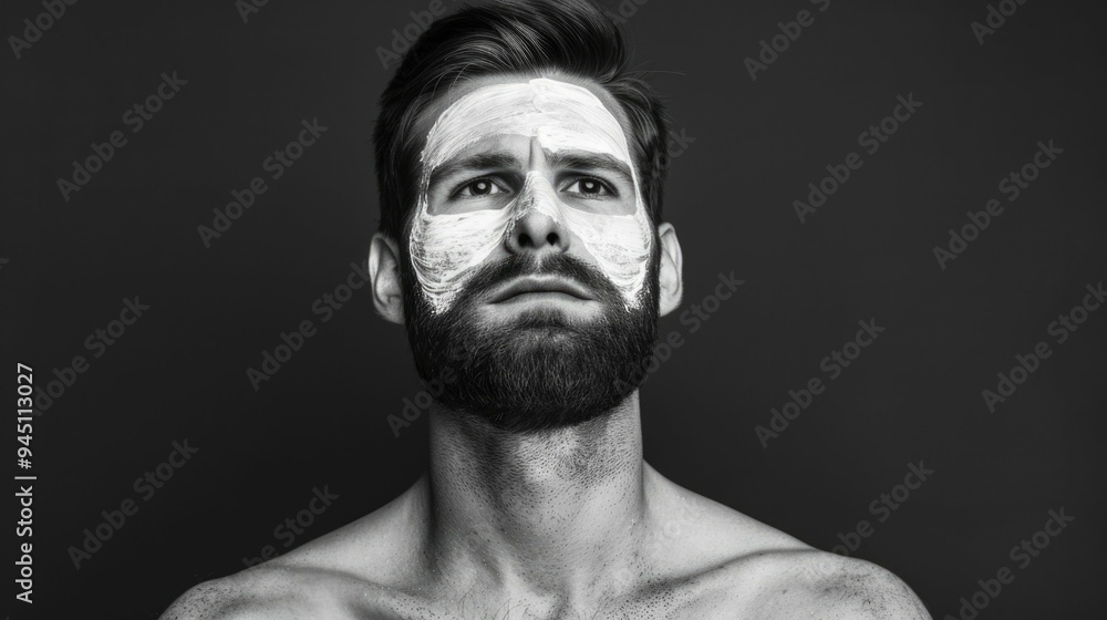 Closeup portrait of a serious looking adult male with a beard highlighting the attention to hygienic skin care practices and grooming for men in a deep depth of field studio setting Closeup portrait of a serious looking adult male with a beard highlighting the attention to hygienic skin care practices and grooming for men in a deep depth of field studio setting