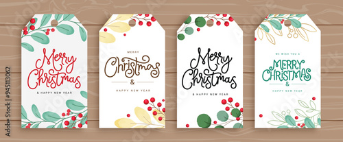 Christmas gift tags card vector set design. Merry christmas greetings text xmas tags collection with watercolor leaves and holly berry in water color design. Vector illustration holiday greetings set.