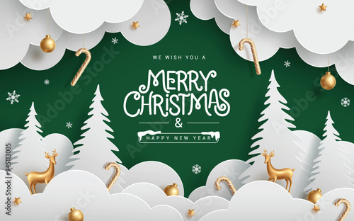 Merry christmas greeting card vector design. Christmas paper cut clouds, pine tree and fir tree with hanging gold decoration elements in green template. Vector illustration paper cut greeting card. 
