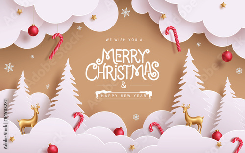 Christmas paper cut greeting card vector design. Merry christmas and happy new year with paper cut clouds, pine tree, fir tree and xmas decoration elements in brown template. Vector illustration 
