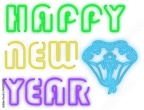 Typographic design colorful glowing neon light of happy new year and sanke head photo