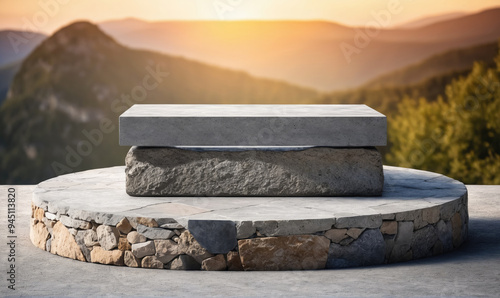 A stone platform sits on a hilltop overlooking a mountain range at sunset