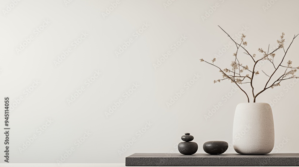 A minimalist arrangement featuring a vase with branches and decorative stones on a shelf. A minimalist arrangement featuring a vase with branches and decorative stones on a shelf.