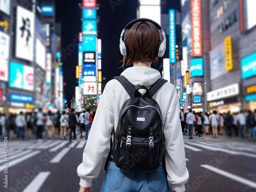 Backpacker with Headphones at Shibuya Crossing