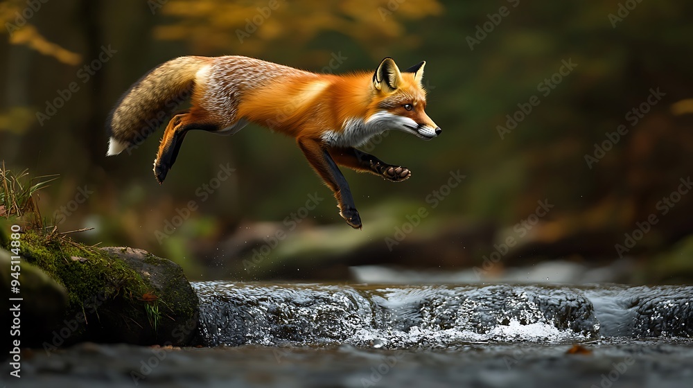 Red Fox Leaping Over a Stream in Autumn Red Fox Leaping Over a Stream in Autumn