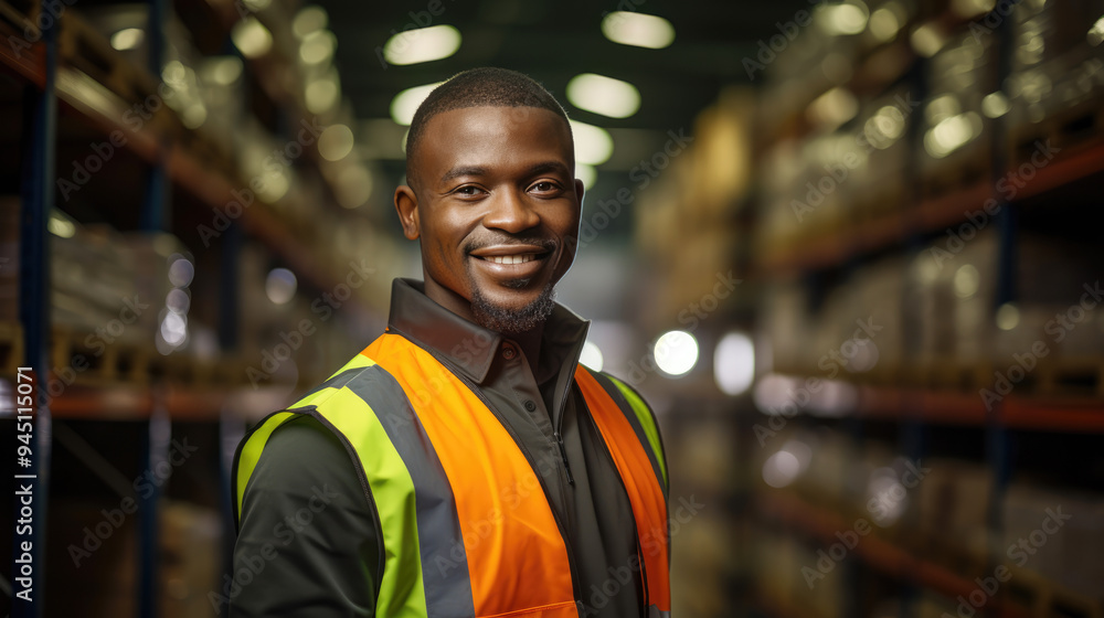 generated illustration of black African worker man, blurred warehouse background generated illustration of black African worker man, blurred warehouse background