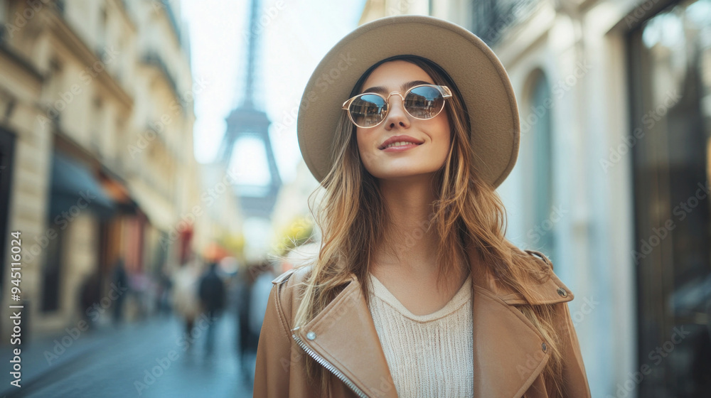 Stylish woman smiling and walking near eiffel tower in paris Stylish woman smiling and walking near eiffel tower in paris