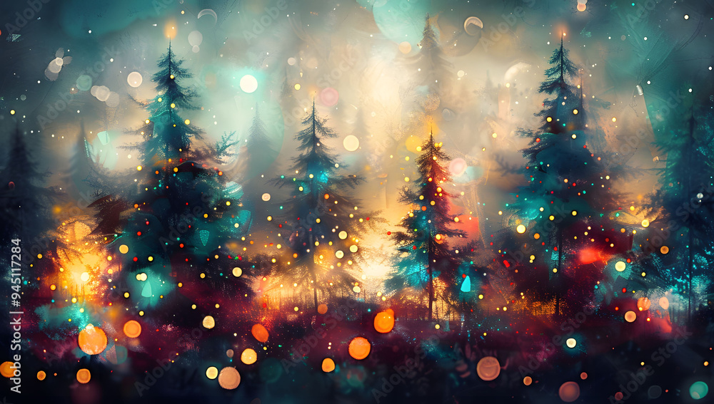 Naklejka premium Abstract digital painting of Christmas pine trees with colorful lights, featuring a blurred background, bokeh effect, glitter, and sparkles. Holiday themed watercolor forest of Christmas trees.