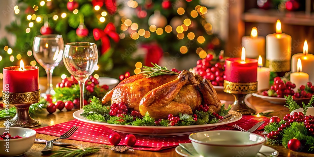 The Christmas dinner table is aglow with candlelight, adorned with vibrant red and green garlands, a festive turkey centerpiece, and elegant fine china and glassware. The Christmas dinner table is aglow with candlelight, adorned with vibrant red and green garlands, a festive turkey centerpiece, and elegant fine china and glassware.