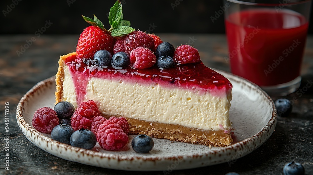 A Slice of Cheesecake Topped with Berries and Raspberry Sauce A Slice of Cheesecake Topped with Berries and Raspberry Sauce