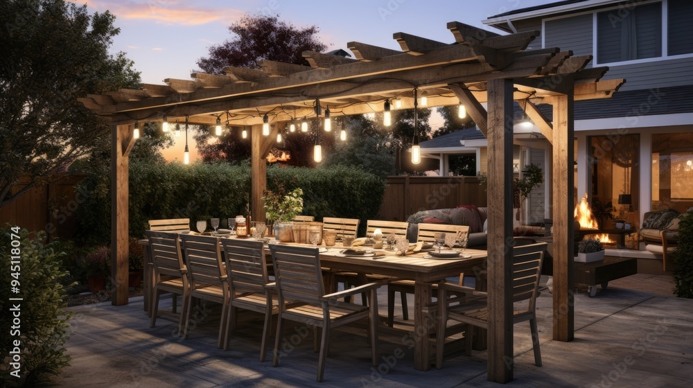 Fototapeta premium Cartoons of Outdoor dining area with a pergola and string lights,Expressionist urban scenes