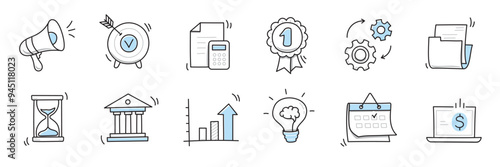 Hand drawn doodle business, money icon set. Finance, money, marketing sketch drawn cute trendy line doodle icon. Business bank, finance calculator, economic goal elements. Vector illustration