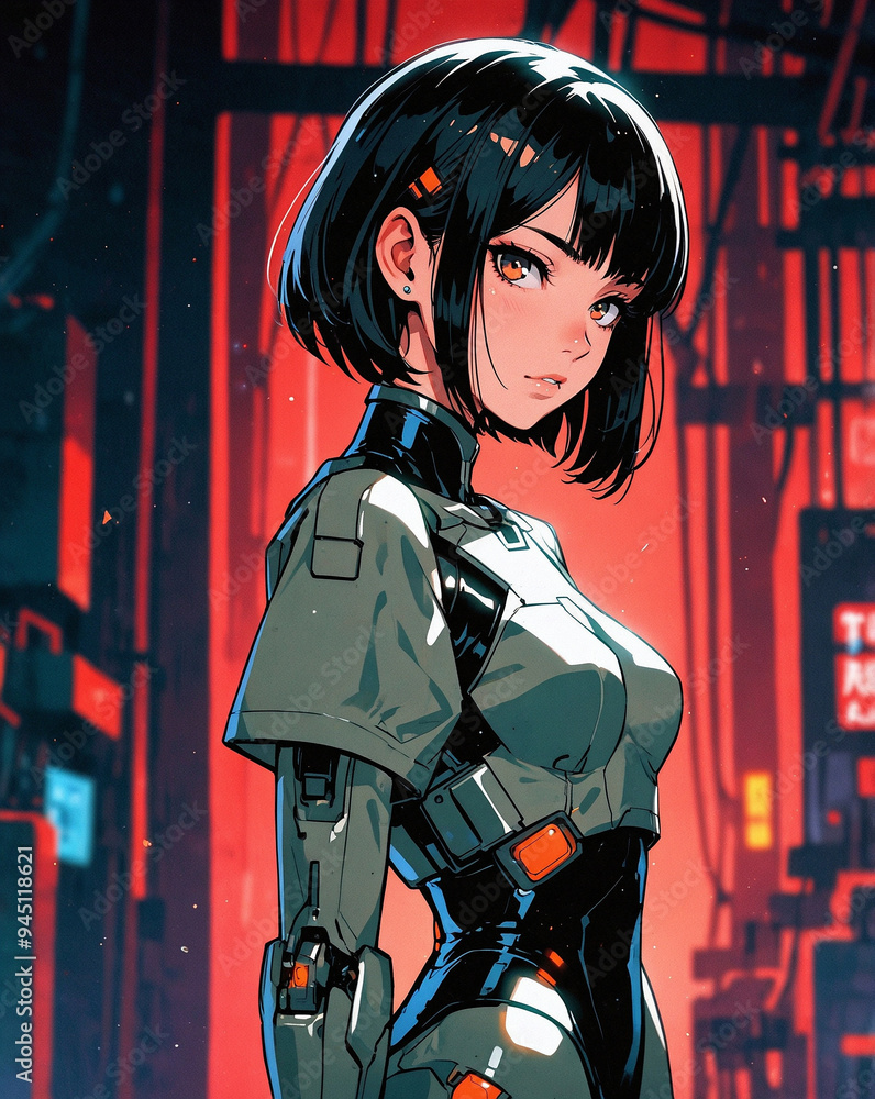 Futuristic female cyborg in neon-lit city
Futuristic female cyborg in neon-lit city