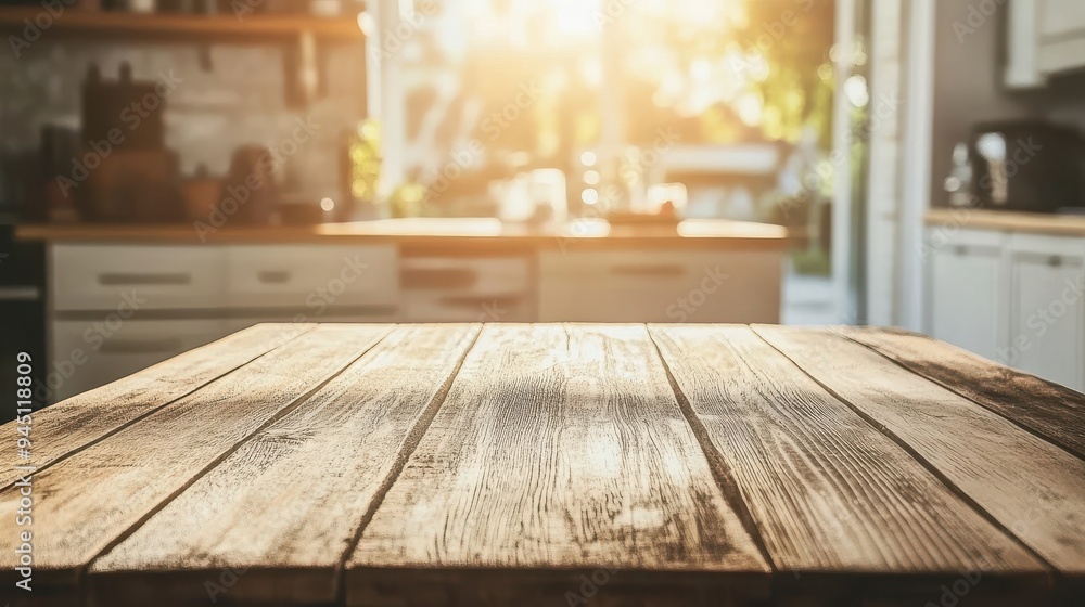 Empty wooden table with blurred kitchen interior, product display mockup Empty wooden table with blurred kitchen interior, product display mockup