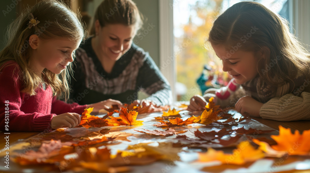 Family celebrating autumn season with orange fall leaves picking and doing an activity of pressing and preserving autumn leaves Family celebrating autumn season with orange fall leaves picking and doing an activity of pressing and preserving autumn leaves