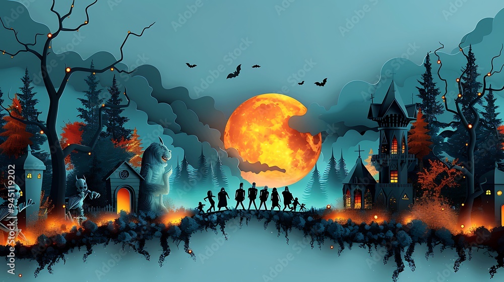 A lively paper-crafted scene featuring classic monsters like Frankenstein, Dracula, and the Wolfman in a playful dance under a bright full moon, surrounded by colorful trees and playful details, A lively paper-crafted scene featuring classic monsters like Frankenstein, Dracula, and the Wolfman in a playful dance under a bright full moon, surrounded by colorful trees and playful details,
