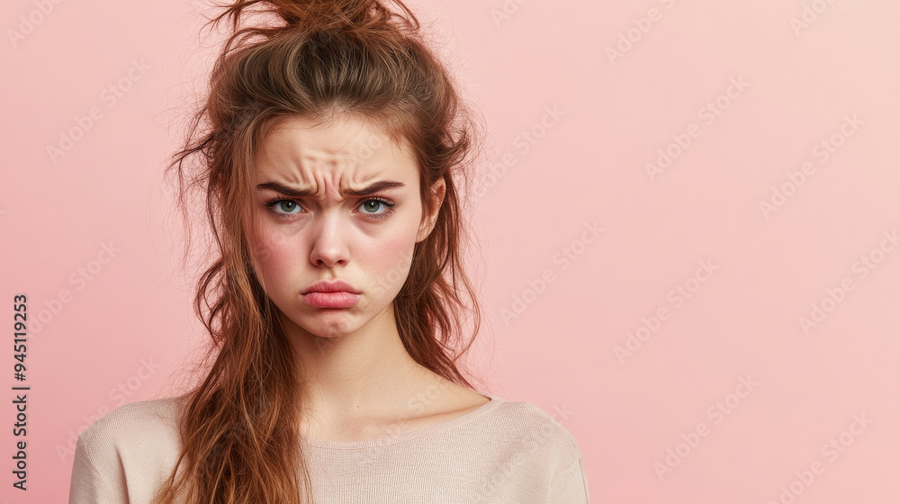Sadly disgusted young woman isolated pink background with copy space Sadly disgusted young woman isolated pink background with copy space