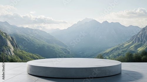 Concrete podium overlooking mountain range.