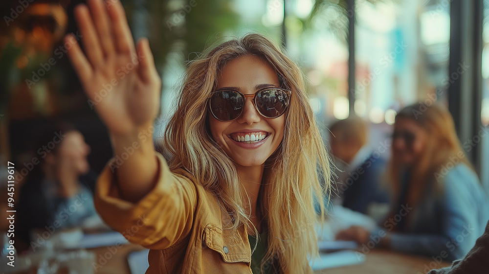 Portrait of Businesswoman Waving at the Camera Portrait of Businesswoman Waving at the Camera