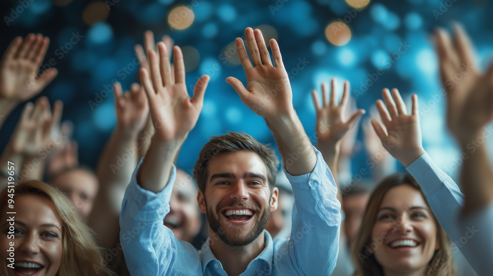 Business people giving high five at desk in the office Business people giving high five at desk in the office