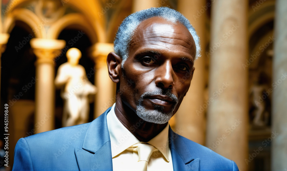 A man in a blue suit stands in a grand hall, his gaze focused and determined A man in a blue suit stands in a grand hall, his gaze focused and determined